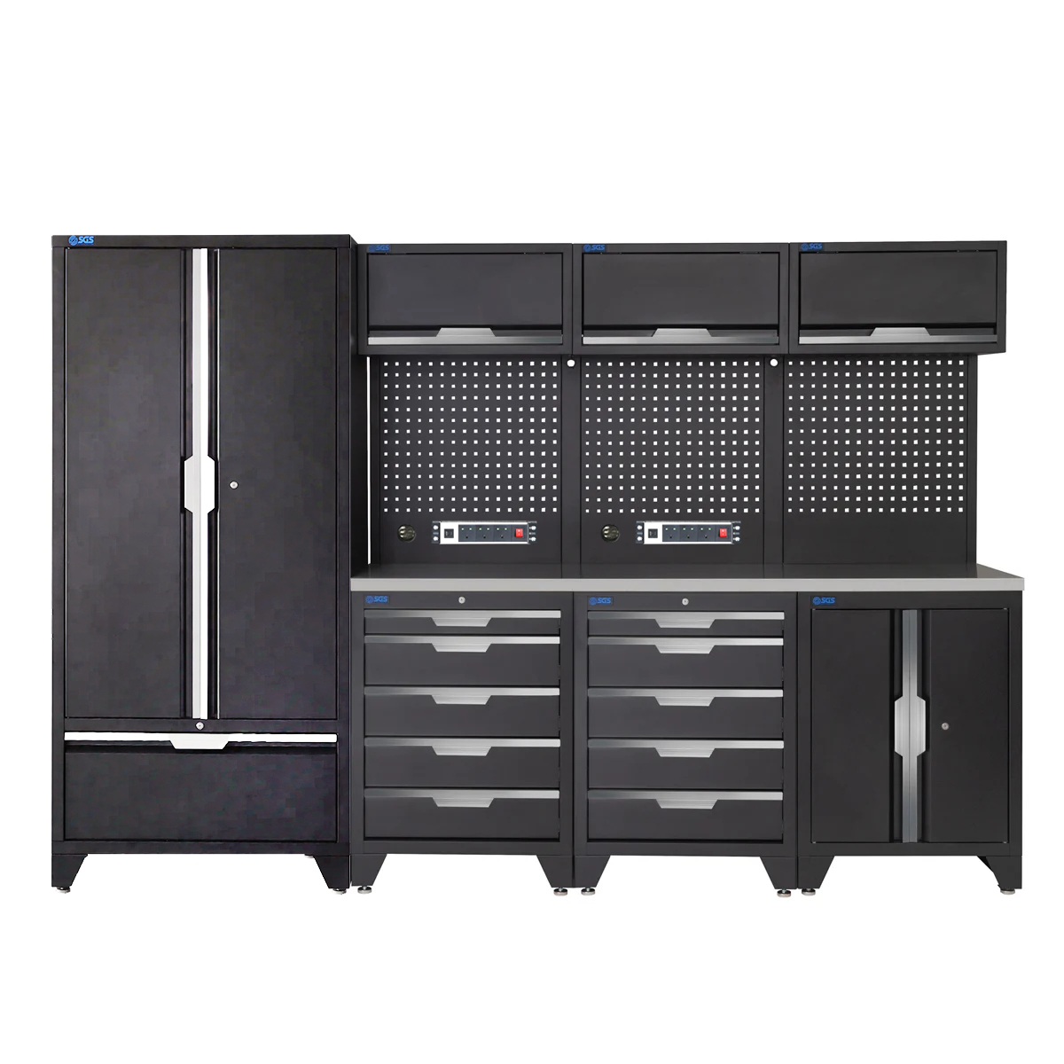SGS 10pc Modular Garage Storage | 10 Drawers | Stainless Steel Worktop | Floor Cabinet | Tall Double Cabinet with Drawer | 3x Upper Cabinets | 2x Pegboards with Power Strip
